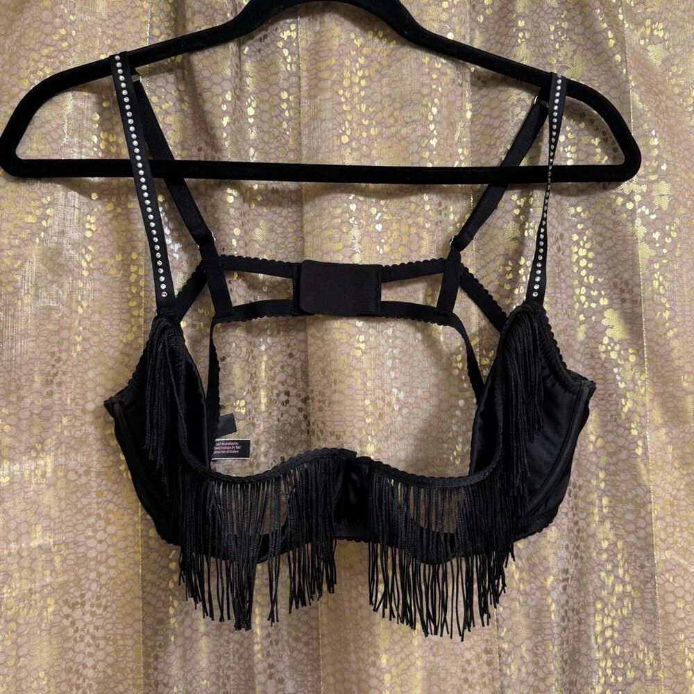 Victorias Secret VERY SEXY Black Fringe Rhinestone Shine Strap Bra XL